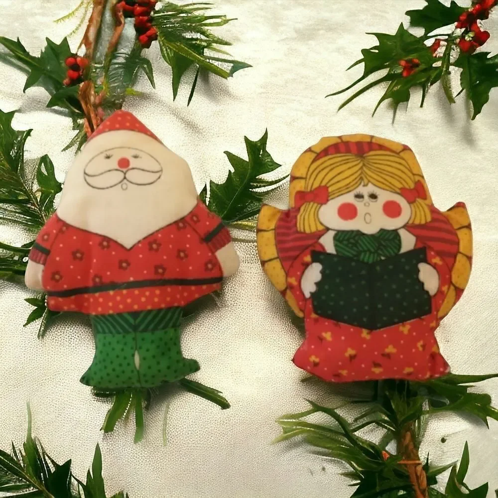 Vtg 80s Christmas Stuffed Ornament Lot‎ of 2 Fabric Handmade Angel Santa Claus.